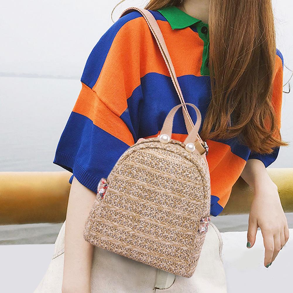 BAGOO Fashion Straw Pearl Backpack Women Girls Travel Casual Shoulder Schoolbags