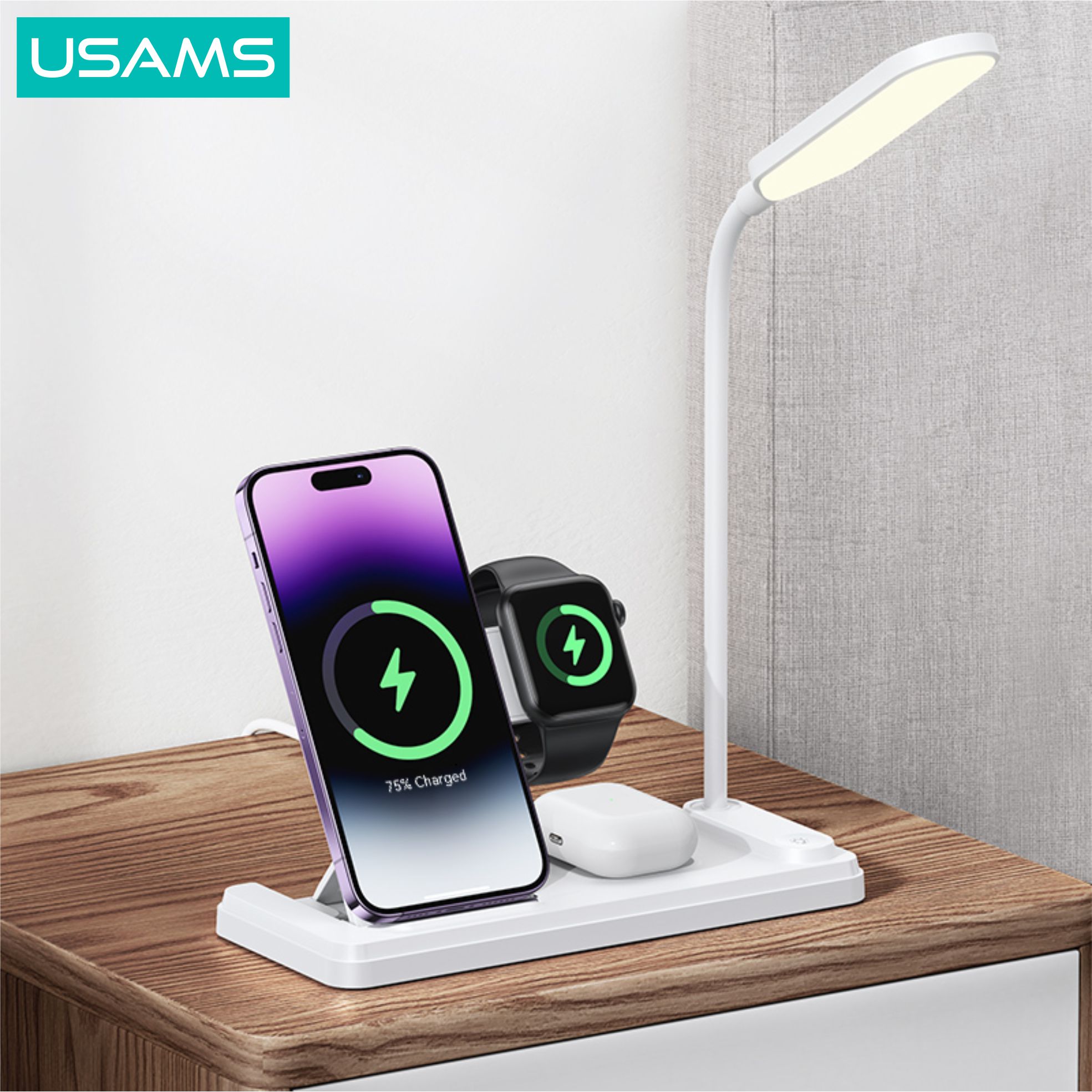 USAMS CD195 Wireless Charging Holder 4in1 15W With Table Lamp