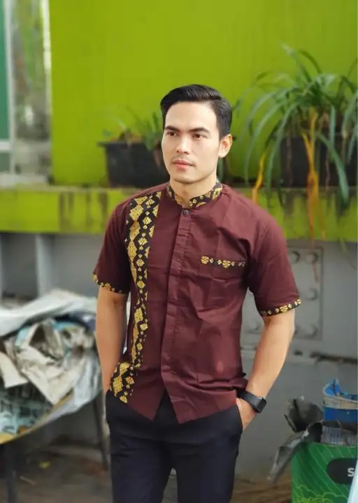 D Mant Kemeja Hem Batik Pria Kerah Koko Kombinasi Warna Coklat Lazada Indonesia