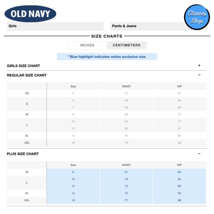 old navy bottoms size chart