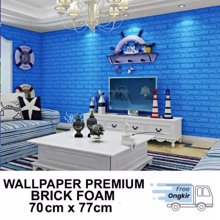 Termurah Dan Bisa Cod Wallpaper Dinding Foam 3d Bata Biru Size 70 X 77 Cm Sedia