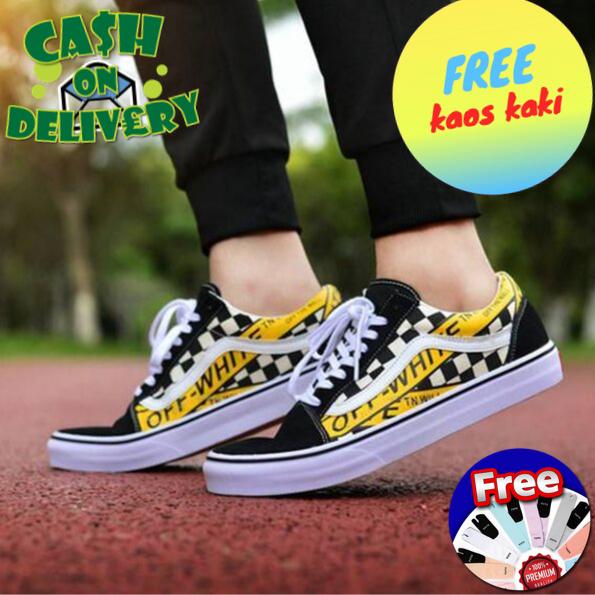 sepatu sneakers pria vans_ oldskool x off white list yellow@huget.store