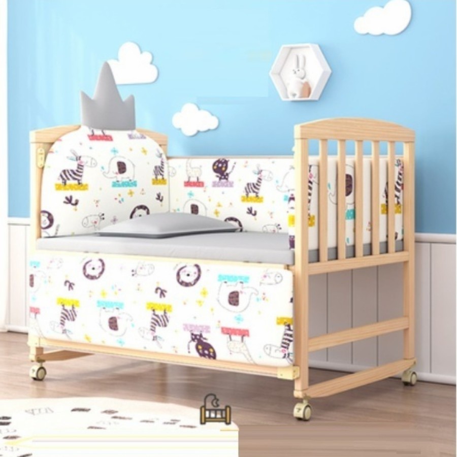 Baby Crib Box Tempat Tidur Bayi Bed Kasur Kelambu Warna Natural Kayu