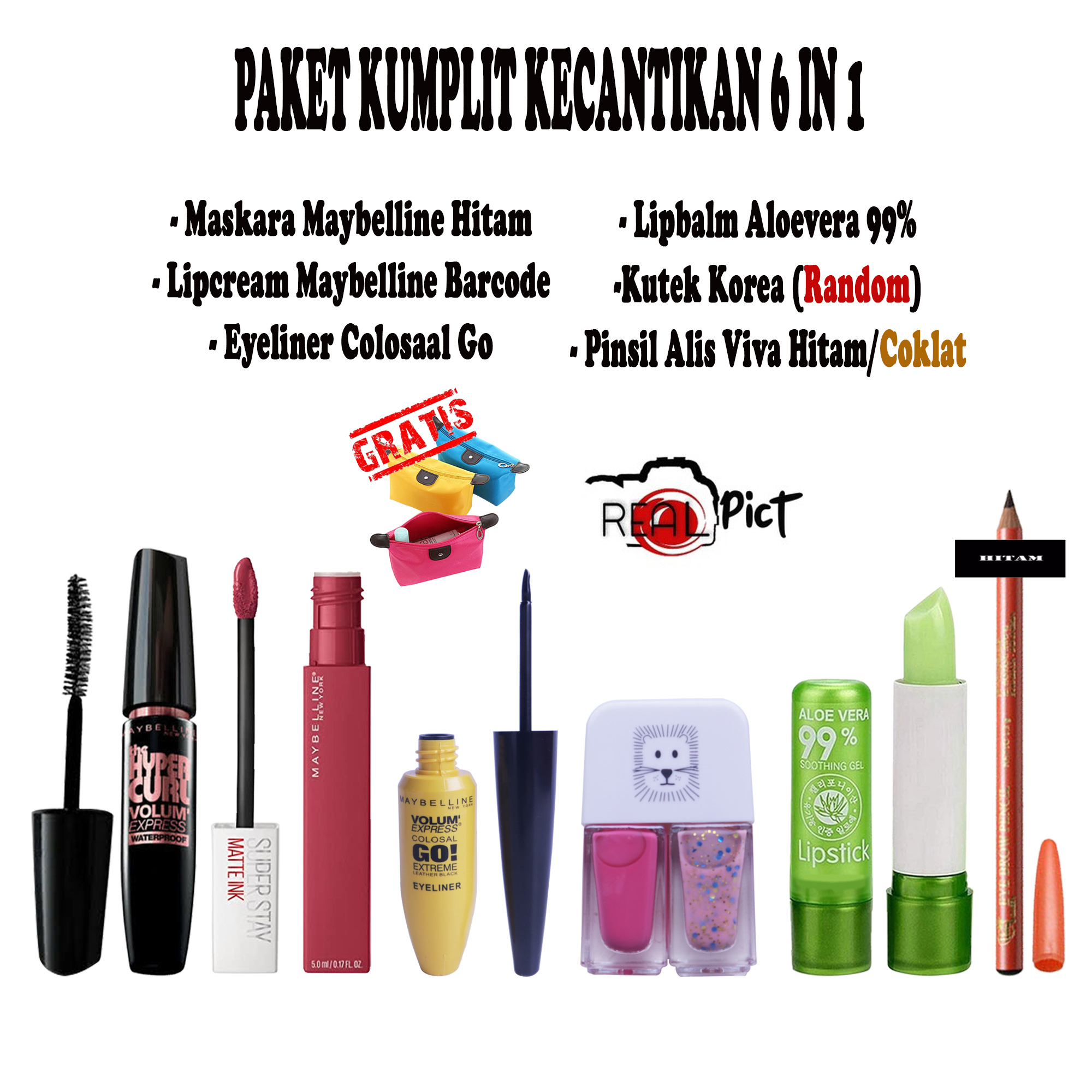 PAKET KUMPLIT KECANTIKAN WANITA 6 IN 1 Mascara Maybelline Hyper Curl ...