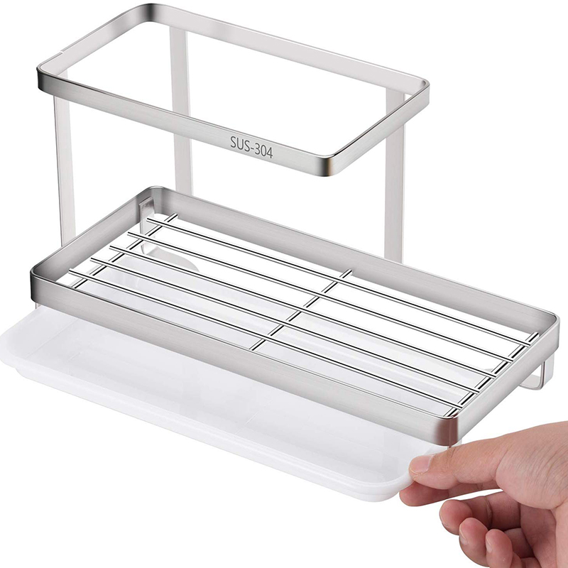 Kitchen Sink Organizer Sponge Soap Brush Holder Rack with Drain Pan Metal