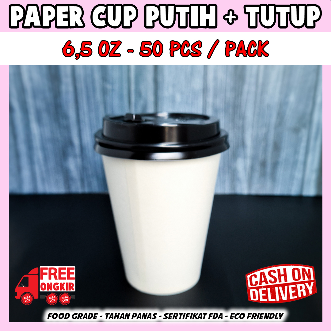 Paper Cup Putih Polos 6,5 Oz 195 ml + LID tutup / Tea Cup / Gelas Kopi ...