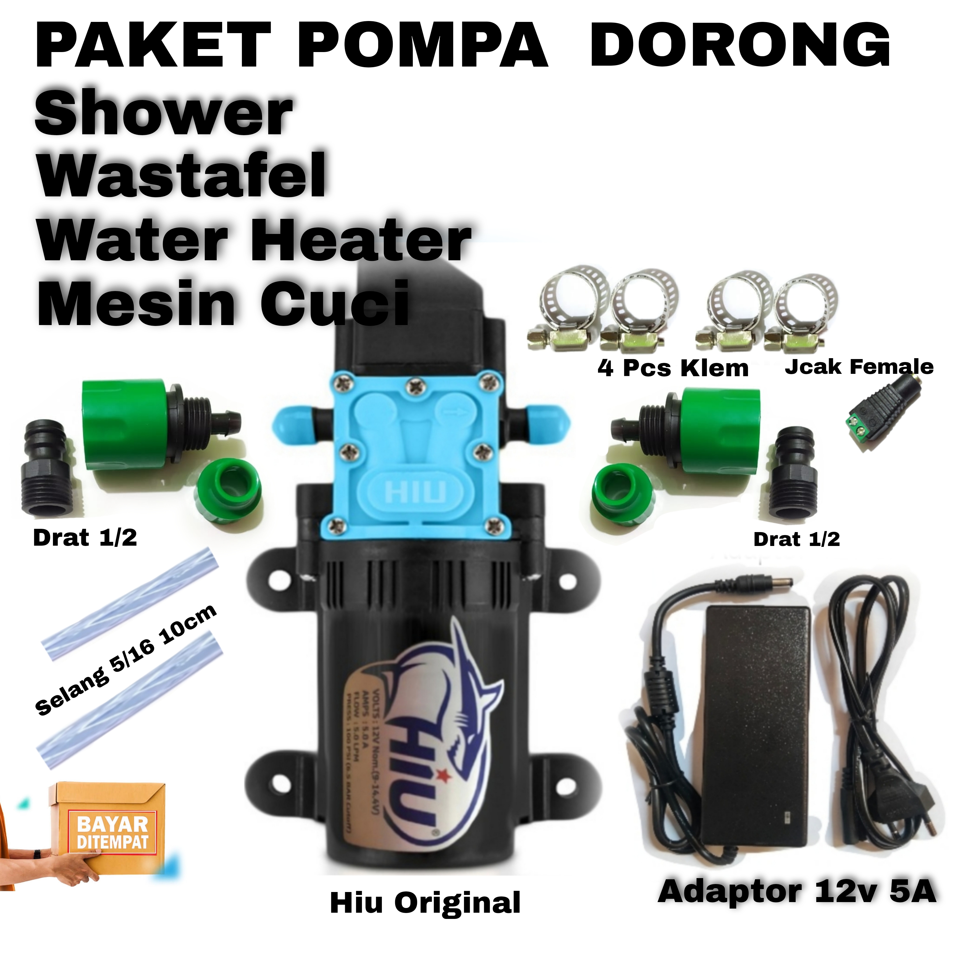 PAKET POMPA DORONG WASTAFEL / SHOWER / WATER HEATER / DINAMO POMPA DC 12V  HIU 5 LPM DAN ADAPTOR 12V 5A | Lazada Indonesia
