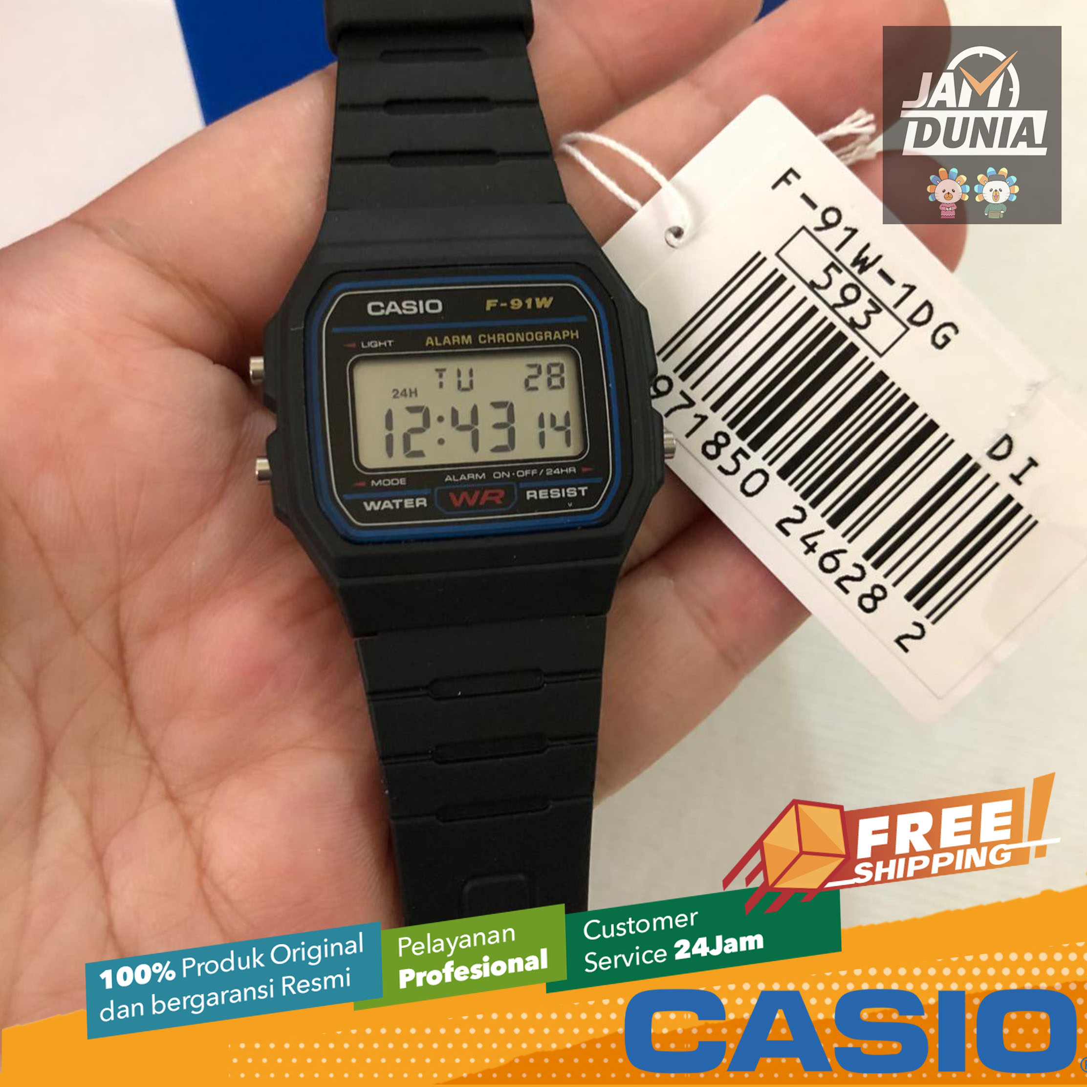 CASIO ORIGINAL - CASIO F-91W-1S - MEN - Hitam - Strap Resin - Jam dunia  JD19ST # Jam Tangan Pria Cowok Anti Air Digital Analog + CASIO F 91W 1 F-91W  91