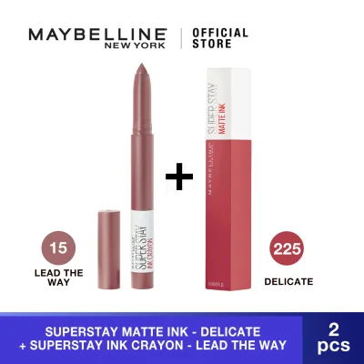 [Paket Hemat] Maybelline Superstay Matte Ink Crayon [15] & Maybelline Superstay Matte Ink Liquid Lipstick [Delicate] Make Up yang Tahan Lama Hingga 16 Jam - Paket 2 Lipstik Terbaik Maybelline