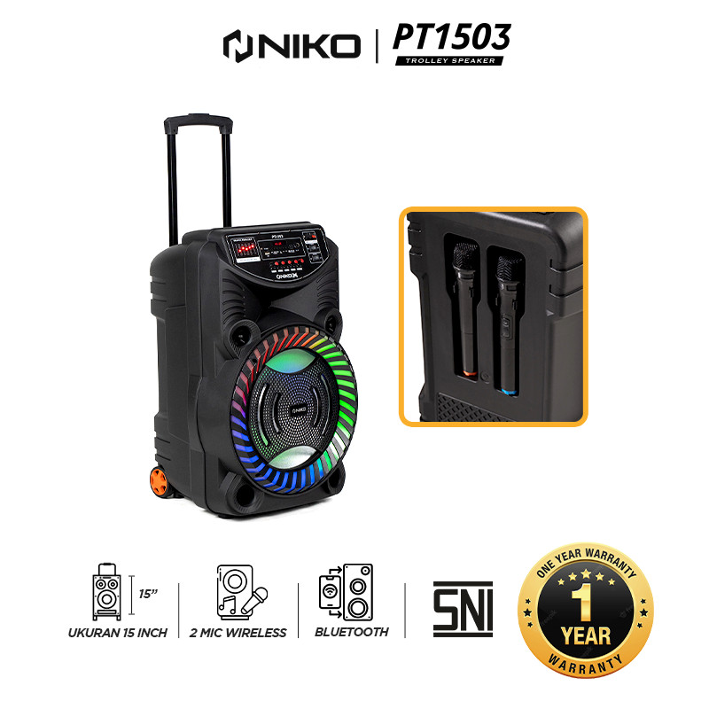Niko Trolley Speaker Wooden Bluetooth 15 inch PT 1503 Free Mic