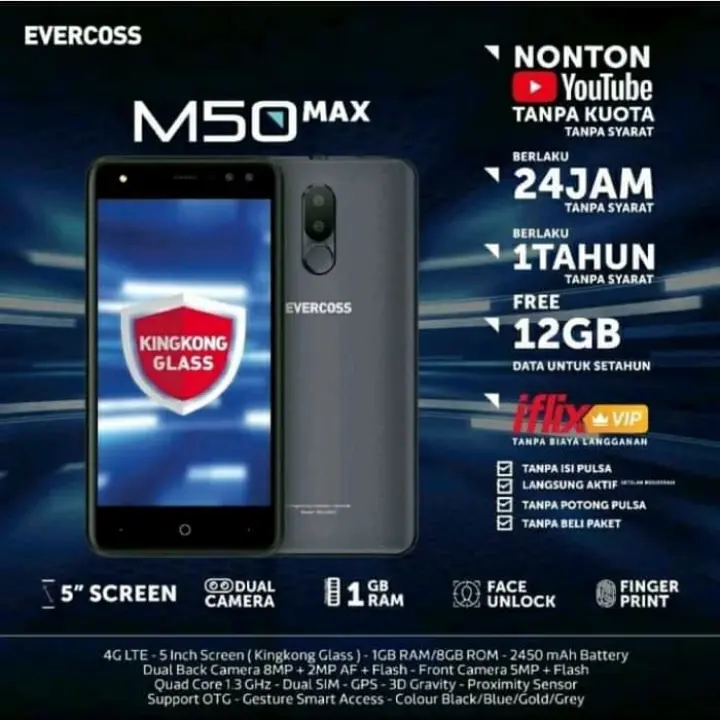 Evercoss M50 Max Ram 1 8gb 4g Lte Dual Back Camera Hp Evercoss Fingerprint Face Unlock Smartphone 5 Inchi Lazada Indonesia