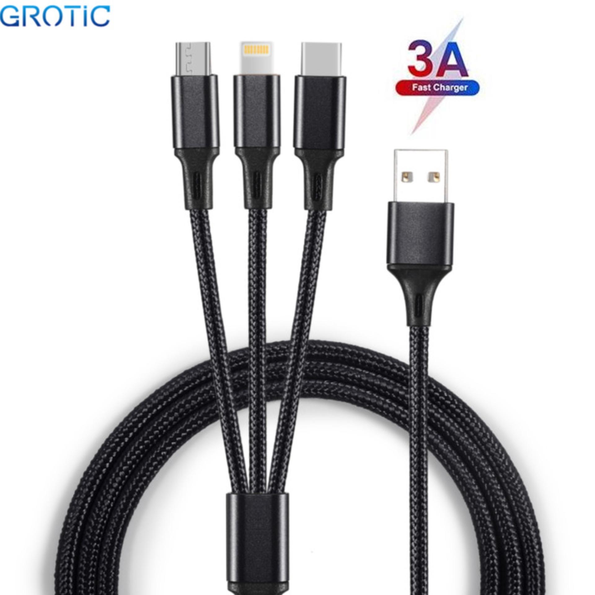 GROTIC Kabel Charger 3 in 1 3A Micro USB Type C Lighning Fast Charging 1.2M Nylon Braided Cable untuk Xiaomi Samsung Huawei iPhone