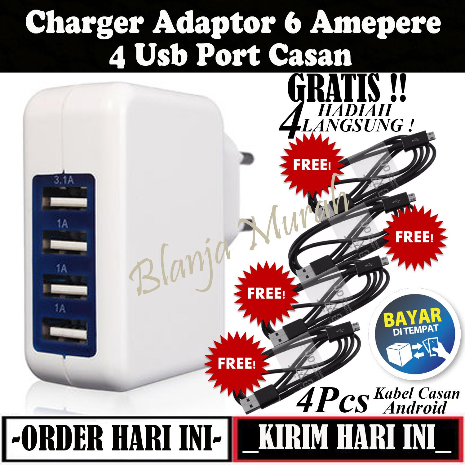 Charger Adaptor 4 Port USB Casan 6 Ampere - GRATIS 4Pcs Kabel Charger Casan Android Smartphone