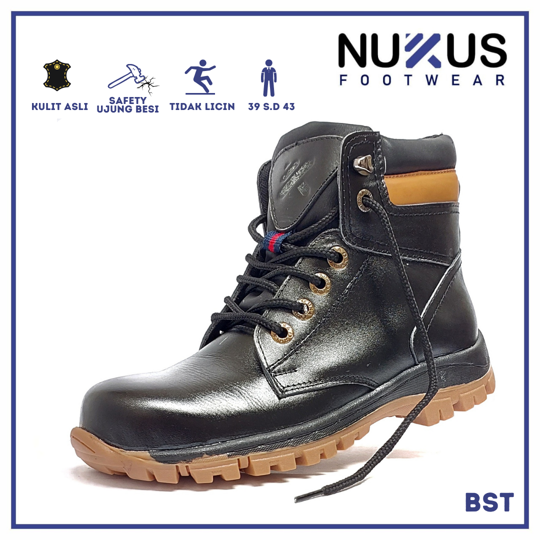 Nukus Sepatu Ujung Besi Safety Boot Tali Hitam Kulit Asli BST