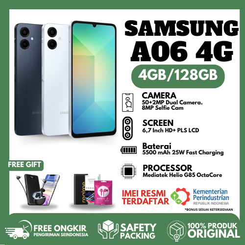 Samsung Galaxy A06 4/128 & 4/64, Mediatek Helio G85 Ram 4Gb Internal 64Gb & 128Gb Battery 5000Mah Harga 1,035,000 rupiah*Gratis Ongkir
