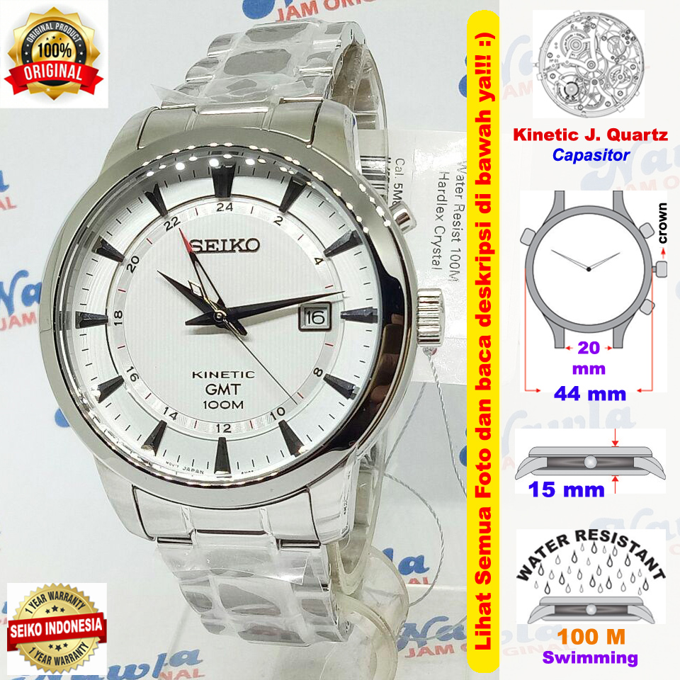 Seiko Kinetic SUN029P1 GMT White Dial Jam Tangan Pria SUN029