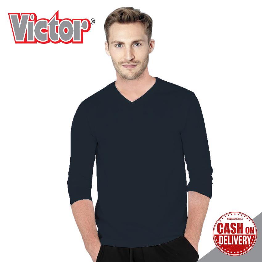 VICTOR Kaos Pria Polos Premium Hitam Lengan Panjang V-Neck / Kaos Hitam Solid / Baju Kaos Distro / Kaos T Shirt Cowok / Kaos Keren Terbaru / Kaos Atasan Pria Dewasa / Casual Tumblr Tee T-Shirt Pria Kaos Polos - Kaos Oblong - Kaos Lengan Pendek Cotton Comb