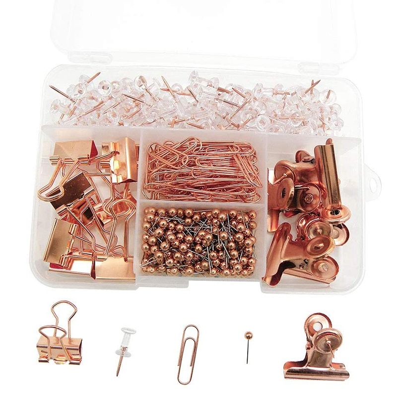 Push Pins Binder Clips Paper Clips Map Tacks Sets, 5 Styles 500 Pcs Rose Gold Pack for Office, School and Home Supplies