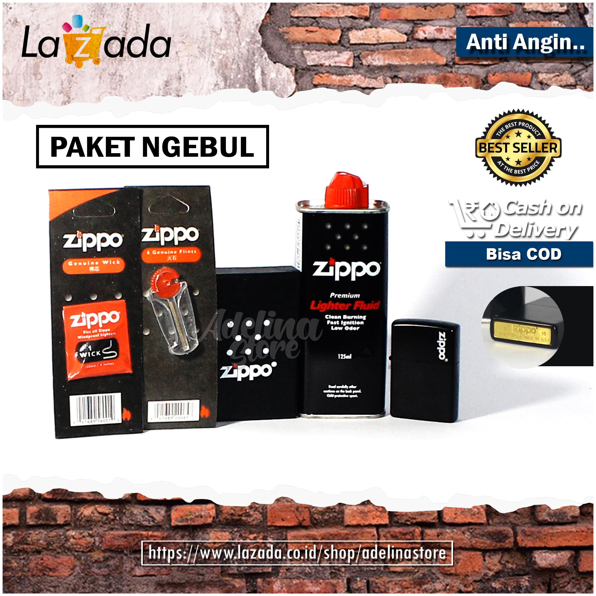 Bisa COD - Paket Ngebul Zippo Classic Black Matte Color Seri F 15 + Minyak Zippo Original 125ml + Sumbu Original + Batu zippo Original - Random