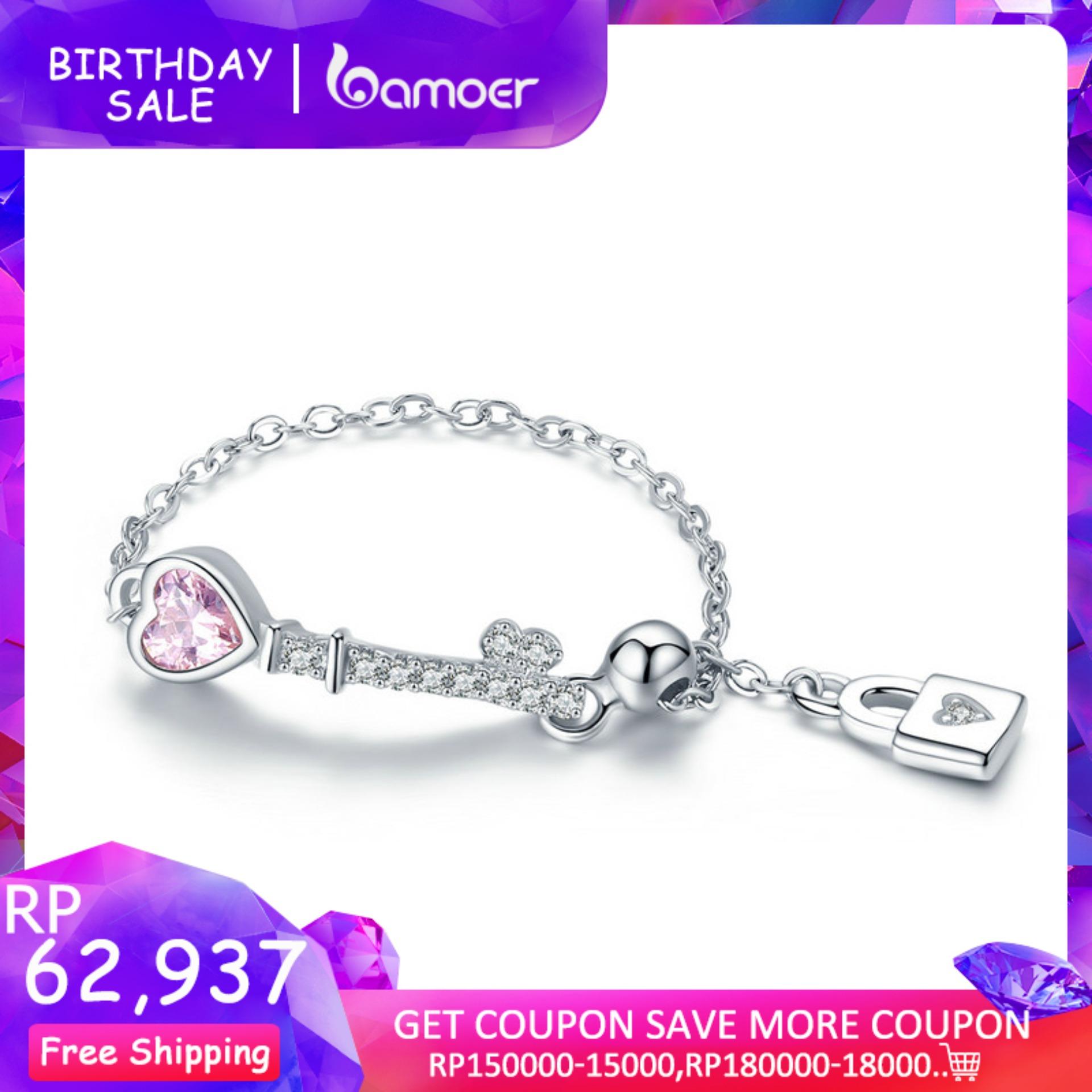 Bamoer Gratis Shpping Oktober Trendi Baru 925 Perak Berkilau Cinta Kunci dengan Motif Hati Cincin Rantai untuk Pertunangan Pernikahan Wanita Perhiasan Anel SCR425