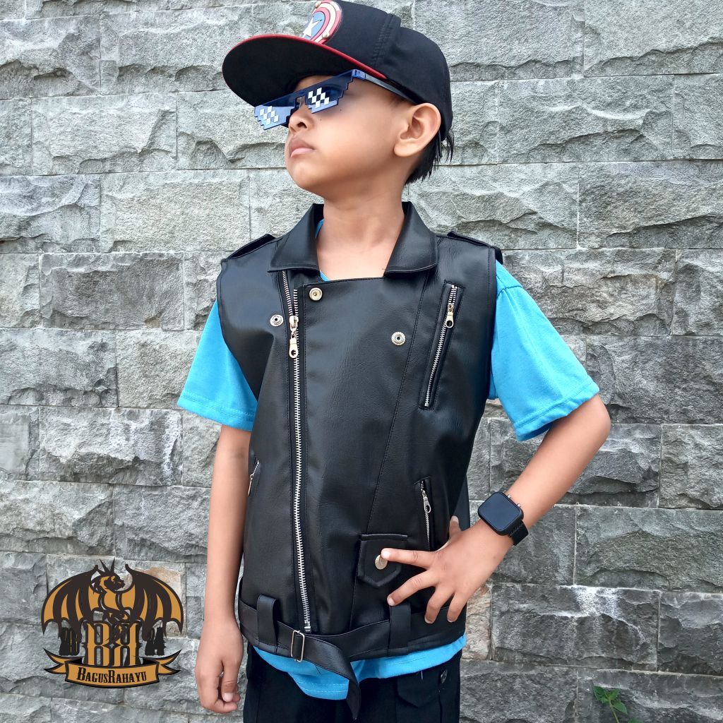 Jaket Rompi Motor Keren Untuk Anak Bahan Semi Kulit Model Rock n Roll