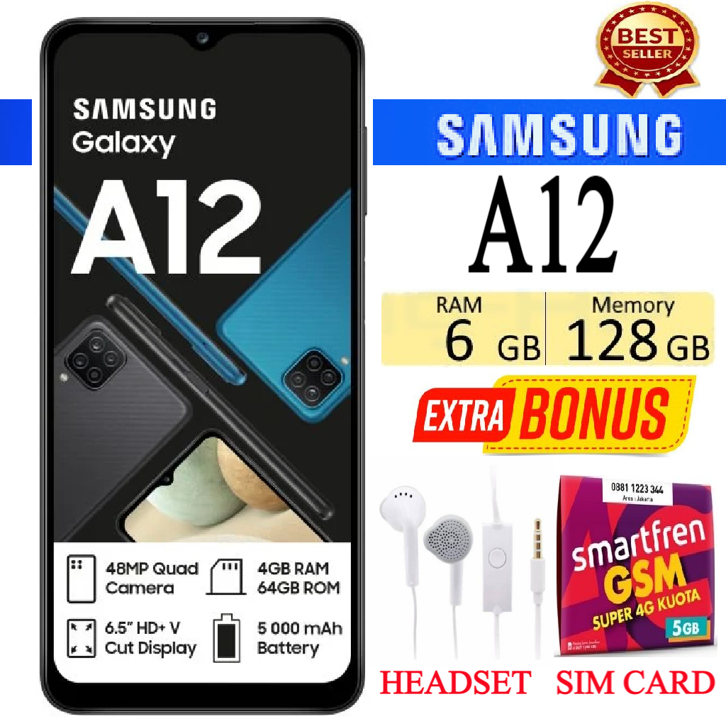 Samsung Galaxy A12 RAM 6/128 GB FULLSET Bergaransi FREE SIM CARD