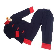 2in1 setelan panjang baju, biru navy kerah merah kancing Cina merah + celana navy list merah (FLOKIDS)
