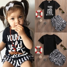 2 PCS Anak Perempuan Hitam Letter Cetak T-shirt Lengan Pendek T-shirt + Celana Pendek Bergaris Pakaian Set Malaysia Anak-anak Di Luar Pakaian Fashion-Intl