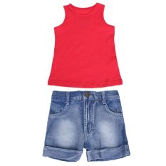 2 PCS Anak Balita Baby Boy Rompi Merah + Jeans Celana Celana Pendek Pakaian Set- Intl