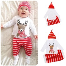 3 Pcs Hari Natal Baru Lahir Bayi Anak Laki-laki Perempuan Lucu Kaus Terbaik + Celana + Topi Pakaian-Internasional
