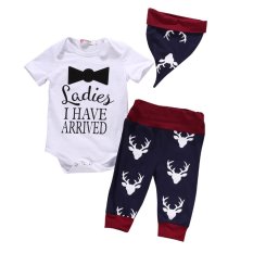 3 Pcs Baru Lahir Baby Boy Pakaian Set Lengan Pendek Baju Monyet + Pant + Hat Outfits Set Natal Rusa Pakaian- INTL