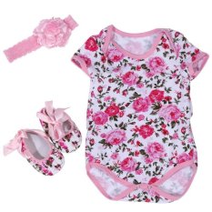3 Pcs/set Kapas Lengan Pendek Baju Monyet Bayi Jumpsuit dengan Kepala Band dan SEPATU (ROSE Pola S)-Intl