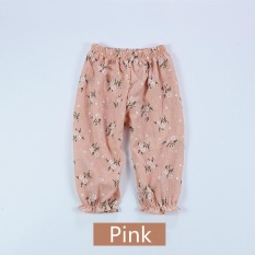 Anti-nyamuk Celana Rumah AC Pants Cotton Linen Tipis Musim Panas Bayi Perempuan Floral-Pink-Intl