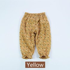 Anti-nyamuk Celana Rumah AC Pants Cotton Linen Tipis Musim Panas Bayi Perempuan Floral-Kuning-Intl