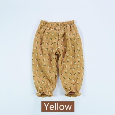 Anti-nyamuk Celana Rumah AC Pants Cotton Linen Tipis Musim Panas Bayi Perempuan Floral-Kuning-Intl