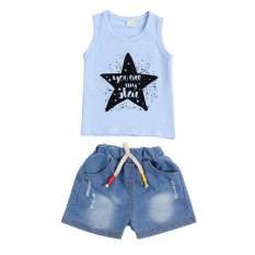 Bayi Laki- laki Tanpa Lengan Musim Panas Pakaian Rompi + Jin Pendek Celana Pakaian Set (Biru Muda )- Intl