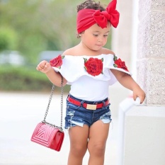 Bayi Gadis 3D Bunga T-shirt Kerut Jatuh Di Bahu Musim Panas Pantai T-shirt Tops-Intl