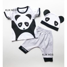 Baju Anak Setelan Atasan dan Celana Motif Karakter Panda Free Topi