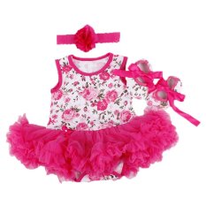 Cocotina lucu bayi baru lahir anak perempuan balita naik merah baju tanpa lengan bermotif bunga gaun berbentuk Tutu baju monyet + karet rambut + sepatu bayi 3 buah