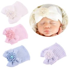Kapas Bayi Bayi Baru Lahir Bayi Balita Gadis Bow Bunga Hangat Rumah Sakit Cap Beanie Hat (Stripe)-Intl
