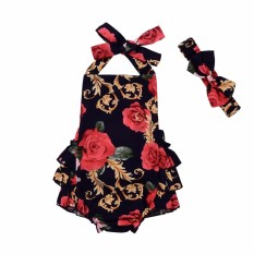 Bayi Lucu Gadis Floral Ruffle Romper Jumpsuit Gaun Headband Pakaian-Intl