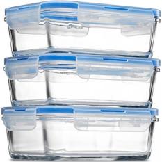 FineDine Kaca Superior Persiapan Makanan Wadah Penyimpanan Makanan (3 Pack, 28 Oz.) BPA Gratis Kedap Udara Snap Mengunci Tutup-Freezer, Microwave, Oven Aman, Kontrol Porsi Kontainer untuk Rumah dan Bekerja