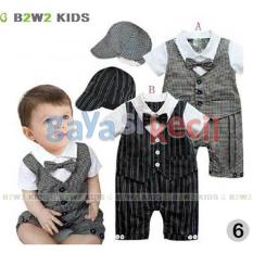 Gaya Si Kecil Romper Baju Pesta Bayi Impor Party Jumper Dasi Topi Baby Boy Laki Cowok Abu Hitam