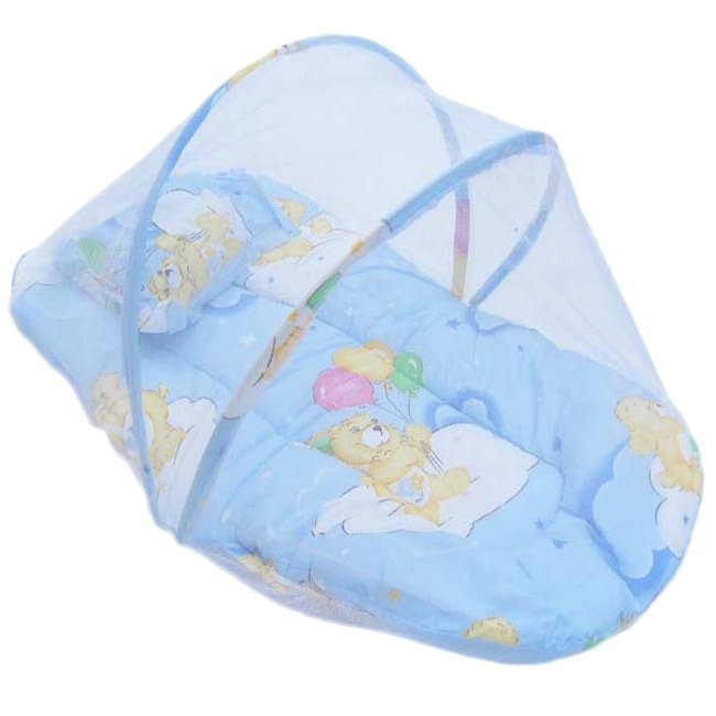 GETEK Orok Bayi Nyamuk Serangga Kasur Tempat Tidur Kanopi Tenda Bersih Cradle Bantal Set M (Biru)