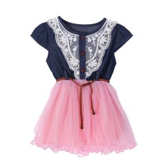 Girls Bayi Cute Putri Renda Gaun Denim Lengan Pendek Tulle Atas Multi Layer Gaun (Merah Muda )- Intl