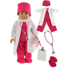 Seksi Merah Muda Dokter atau Perawat 7 PC Set 18 Inch Doll Pakaian Lengkap dengan Pelapis Laboratorium Putih DOLL, topeng Wajah, Medical Shoe Sarung, Tutup, Stetoskop, dan Scrubs-Internasional