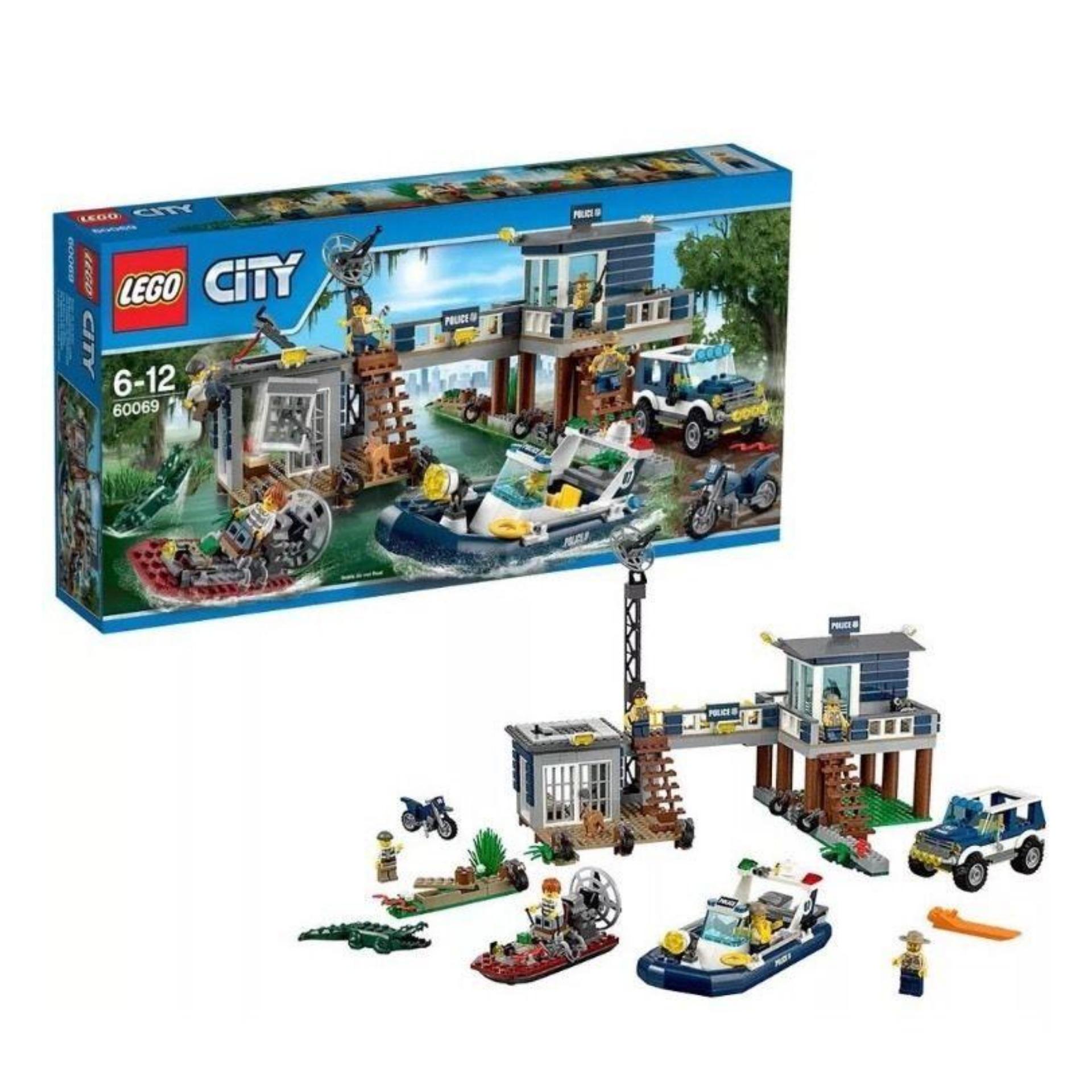 LEGO City - 60069 Swamp Police Station Set Building Toy Cop Motor Boat Car Kid Toys Bike Motorcar Jeep Town Croocks Pursuit Motorcycle Alligator Minifigures Children Play Bricks Game Promo Original