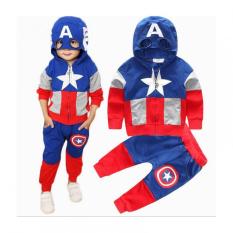 Model Anime Bayi Laki-laki Yang Mengenakan Setelan Olahraga Set Gaya Kartun Kapten Amerika Kerudung Baju + Celana Anak -anak Pakaian