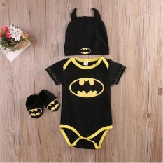Newborn Baby Boy Batman Lengan Bang Pendek Baju Monyet Bodysuit + Sepatu + Topi Pakaian 3 Pcs Pakaian Set 0- 24 M