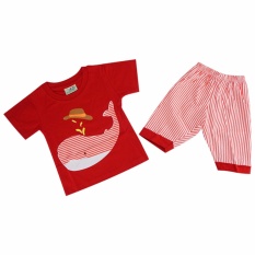 Ozuka Stelan Pakaian Anak Baju Celana Pendek Paus Garis Merah - SKP563